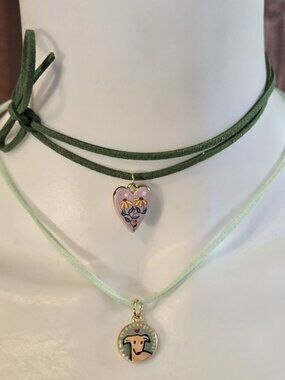 Set of 2 Mix .N Match Green Suede Necklaces With Enamel Charms